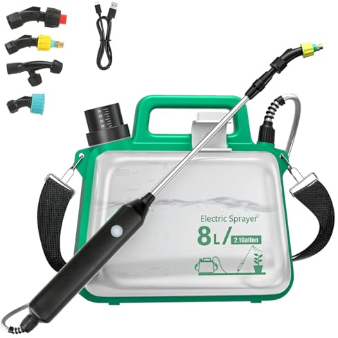 SHTALHST Akku Drucksprüher 8 Liter, Elektrischer Pflanzensprüher mit 4 Nebeldüsen, Faltbar Gartenspritze mit Einziehbarer Stab, Verstellbarer Schultergurt, USB-Aufladbarem Griff für Rasen, Garten