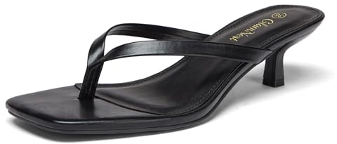 Glamnest - Sandali da donna con tacco a gatto, punta quadrata, infradito con tacco da 4,5 cm/1,77 pollici, sandali a tanga da donna con tacco basso, Nero , 37.5 EU