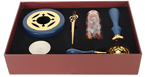 Kit de sellos de sellado de cera vintage, juego completo con cuchara calentadora de cera, cera pintada al fuego para letras, invitaciones, sobres, aleación de madera, azul,