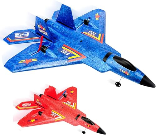 Fremego F-22 RC Flugzeug für Anfänger, 2 Stück 2.4Ghz Ferngesteuertes Flugzeug Raptor Fighter Flugzeugs Modell mit 6 Axis Gyro System Blau&Rot