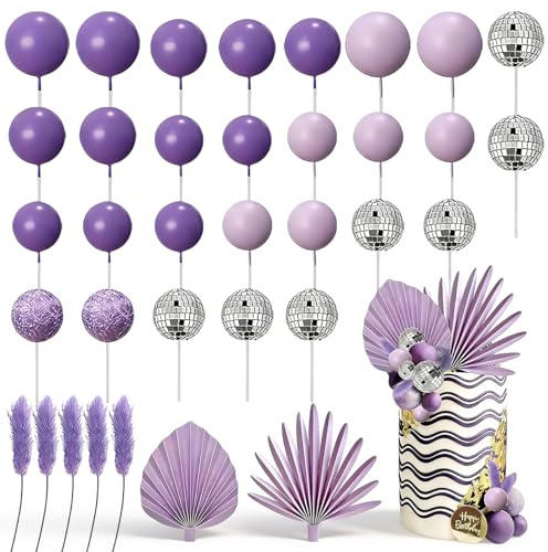 Décoration de gâteau bohème - Feuilles de palmier - Boule violette - Décoration de gâteau pour bricolage, anniversaire, fête, mariage, Saint-Valentin
