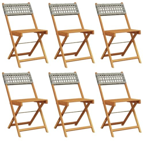 Mokuyary Trädgårdsstolar, set med 6 vikbara, grå, poly rotting och massivt trä, balkongstol, terrassstolar, matstolar för terrass, trädgård, balkong