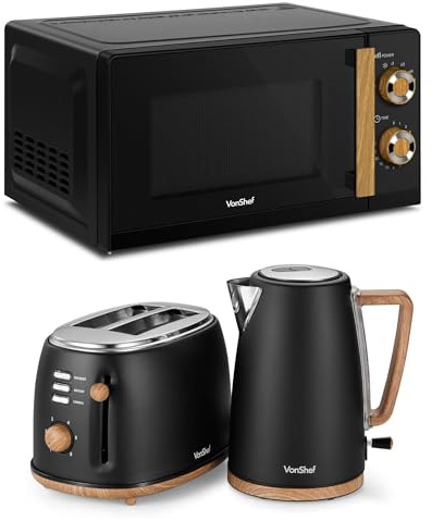 Vonshef Microwave Kettle Toaster Set, Scandi Kitchen Set – Fika Range, Black | 1.7L Nordic Rapid Boil Kettle, Wide Slot Toaster 2 Slice with 6 Browning Controls and 20L Microwave with 6 Power Levels