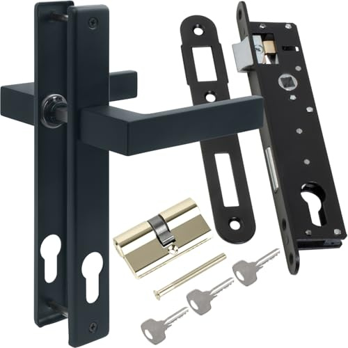 STEELNEX Drückergarnitur Gartentor Anthrazit RAL 7016 - Einsteckschloss 90/22 Set - Aluminium Türdrücker Schmalschild - Profilzylinder 30/30 - Türgriff Set für Gartentor - Vierkant 8 mm