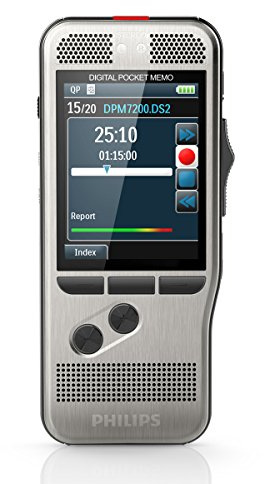 Philips DPM7200 Digitales Diktiergerät, Schiebeschalter, 2 Mikrofone, Stereo, Farbdisplay, Klassik Modus, Lichtsensor, edelstahl/anthrazit
