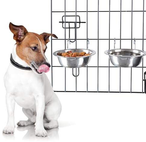 Set of 2 Stainless-Steel Dog Bowls - Cage, Kennel, and Crate Dog Bowls Hanging for Food and Water - 8oz Each and Dishwasher Safe by Petmaker