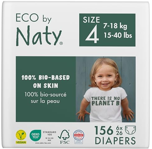 Eco by Naty Babywindeln — Umweltfreundliche Windeln auf pflanzlicher Basis, ideal für empfindliche Babyhaut und helfen, Verlust zu verhindern (Größe 4, 156 Einheiten)