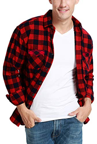 JEETOO Homme Chemise à Carreaux Manche Longue Casual Slim Fit en Flanelle (Rouge, Medium)