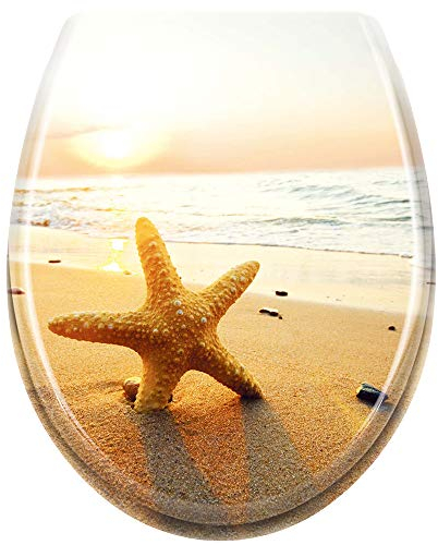 Froadp Oval Toilettendeckel Universal WC-Sitz mit Softclose Abnehmbar Hartplastik Antibakteriell Klobrille Stabile Einfache Montage 25 Muster Optional(Seestern am Strand)