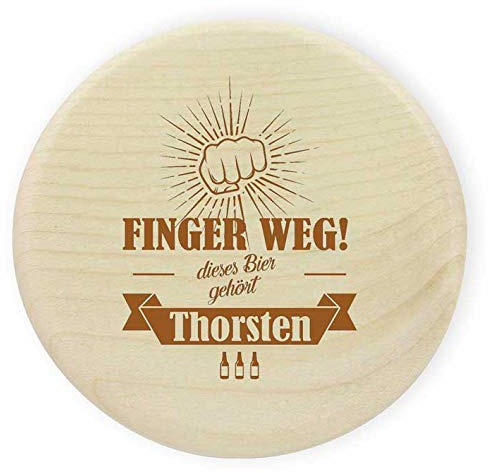 Glasabdeckung Holz Finger weg - dieses Bier gehört Wunschname (z.B. Thorsten)