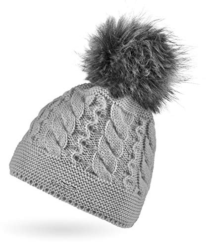 Neverless® Damen Strick-Mütze mit Zopfmuster gefüttert mit Fleece Pelzbommel Kunstfell Winter-Mütze Bommelmütze Hellgrau