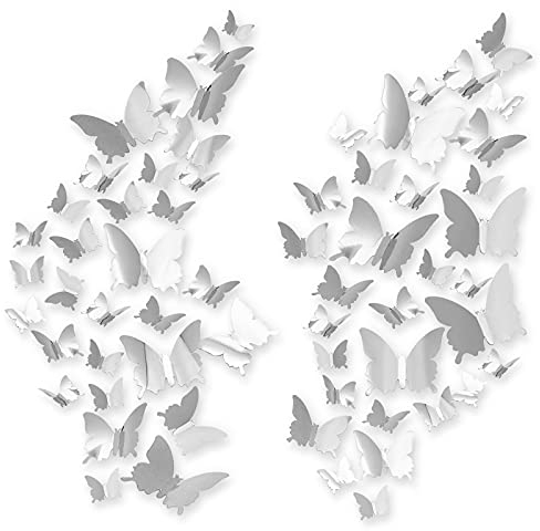 Stickers Muraux Papillon 3D, CAYUDEN 60pcs Autocollants Papillon Miroir Amovible DIY Papillon Décor 3 Tailles Sticker Papillon 3D Pour Chambre, Porte, Fenêtre, Mariage, Décoration De Fête (Argent)