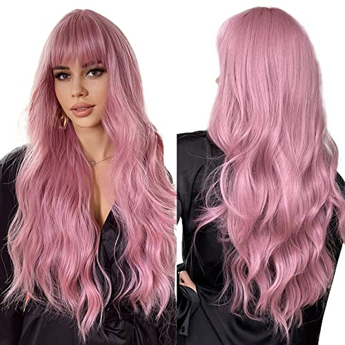 Esmee 26 tum lång rosa peruk med pannor Naturligt syntetiskt hår vågiga peruker för kvinnor Daglig fest Cosplay Wear