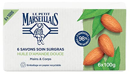 Le Petit Marseillais | Savon Soin Surgras Huile d'Amande Douce (6 pains de 100 g) – Savon solide mains & corps avec 98% d'ingrédients d'origine naturelle – Emballage en papier recyclable