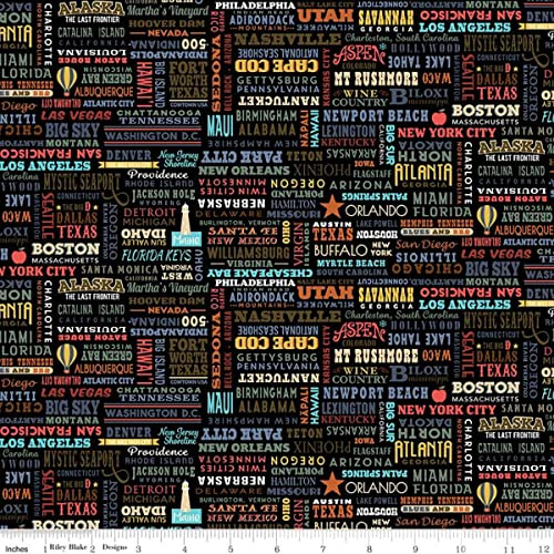 Riley Blake Destinations United States Destinations, Words and Icons, Quilting, Apparel and Home Decor Fabric (36” x 43”) (Black)