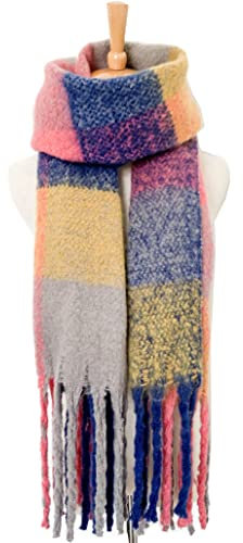 HGJH Schal,Kontrastierender Dicker Quastenschal Der Frauen Modeschal Wildes Gitter Blau Rosa Breitenschal Elegante Frauen Dicker Trend Weihnachtsschals Für Frauen Warmer Schal