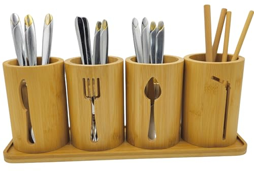AYAMAX Ensemble Porte-Couverts en Bambou - 4 Porte-Ustensiles de Cuisine Organiseur de Couverts avec Plateau en Bambou | Support Décoratif pour Couverts de Plan de Travail de Cuisine | Organiseur