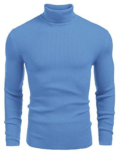 COOFANDY Dolcevita da Uomo in Cotone a Maglia fine Maglione vestibilità Regolare Manica Lunga Dolcevita Maglione da Uomo Blu Fiordaliso L
