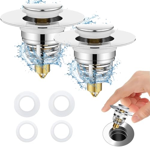 2st Upifen Edelstahl Waschbeckenstöpsel Pop Up Abflussstopfen Spülbeckenstöpsel (32-42mm) Ablaufventil aus Messing für Aufsatzwaschbecken Badewannenstöpsel mit Anti Clogging Sieb und 2 Dichtungen