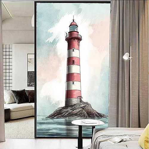 Sea Tower Leuchtturm-Fenster-Sichtschutzfolie, Fantasie, Küste, Buntglas-Fensterabdeckungen, statisch haftende Fensterfolie für Zuhause, Büro, Geschäfte, 27,6 x 47,2 l