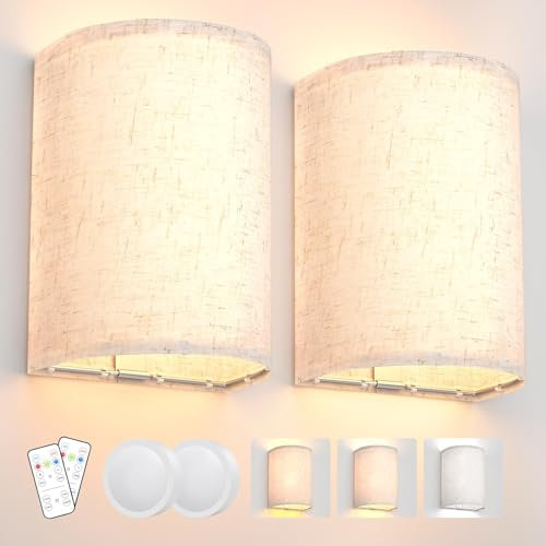 AIBOO Battery Operated Wall Lights,2 Pack Wall Light Decor with Remote Control,3 Colors Dimmable Fabric Shade Wall Lamps,Wireless Sconce Wall Lights for Farmhouse Sconces Wall Lighting 2700K-6000K