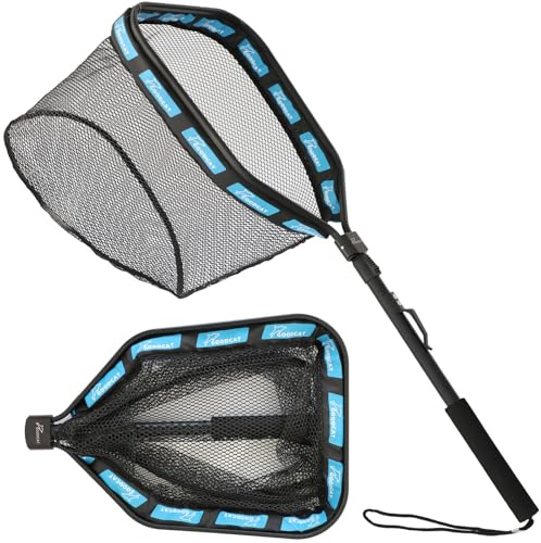 GOODCAT Floating Fish Landing Net for Steelhead & Trout, Foldable & Lightweight Rubber Mesh with Non-Slip Handle, Easy Transportation Fishing Net for Kayak Boat Fly (B: Square-Extend Length:32.5)
