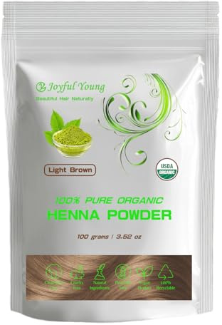 Joyful Young Henna Hair Dye for Gray Coverage – Organic Natural Hair Dye, Plant-Based Herbal Hair Color Powder, Chemical-Free Vegan Hair Coloring (Light Brown) – 100g