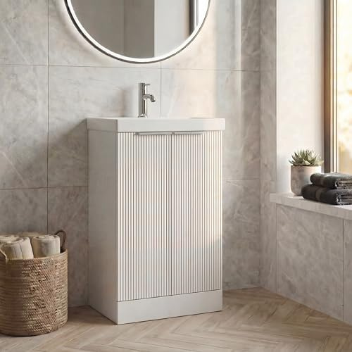 BAYSTONE® Fluted 500mm Bathroom Vanity Unit Ceramic Wash Sink, Cloakroom Storage Furniture Under Basin Cabinet Floorstanding Cupboard, Matt White