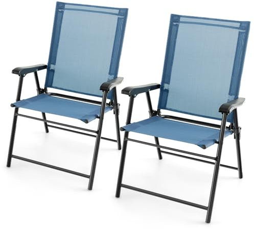 GOPLUS Lot de 2 Chaises de Jardin Exterieur Pliante avec Accoudoirs, Tissu Respirant & Cadre Métallique, Fauteuil de Jardin Léger et Portatives, Idéal pour Patio, Terrasse (2, Bleu, 65 x 60 x 93 cm)