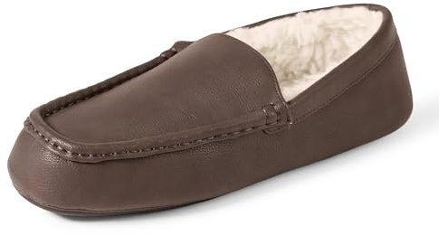 Amazon Essentials Men's Microsuede Moccasin Slippers, Dark Brown Faux Leather, 9