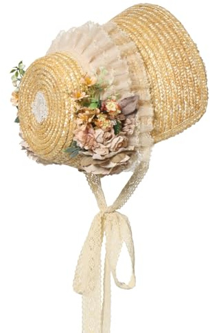 CAMDOM Sombrero Victoriano para Mujer, para Fiesta de té, con Lazos, Flores, Sombrero de Paja Plano, Color marrón