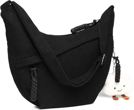 Micmores Crossbody Bag Damen Umhängetasche, Cord Tasche Casual Schultertasche Moon Bag Halbmond Tasche mit Verstellbarer Schultergurt, Stylische Handtasche für Arbeit, Reisen, Alltag(Schwarz)