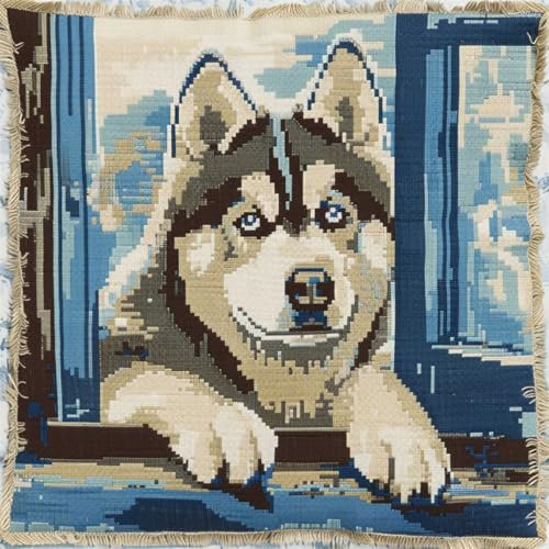 RKFLGEW DIY knüpfen set kissen Heiser knüpfhaken set Hund Tier Knüpfset für Kissen，DIY，handgefertigtes Kissen，Häkelgarn，Stickerei，Knüpfset für Kissenbezüge 43x43cm