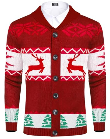 COOFANDY Men's Cardigan Christmas Sweater Knitted Sweater Reindeer Norwegian Ugly Sweater with Shawl Collar Red XXL