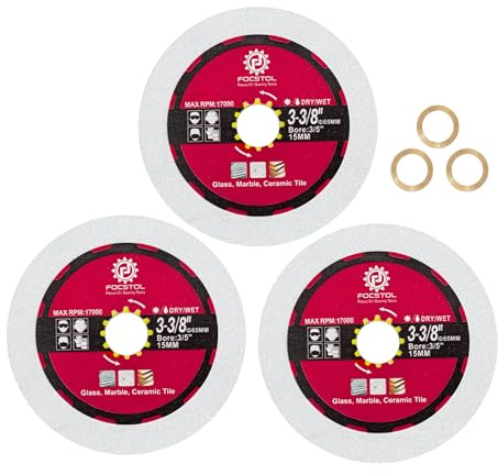 FOCSTOL Diamant Glas Trennscheibe 85mm - Diamant Sägeblatt Schneiden und Schleifen für Glas Jade Kristall Weinflasche Bohrung 15mm x 10mm Packung mit 3