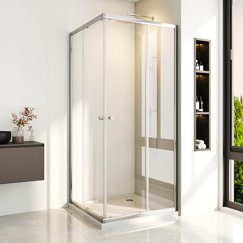 Duschkabine Eckeinstieg 90 x 100 cm Silber Eckdusche Doppel Schiebetür Duschabtrennung Duschschiebetür aus 6 mm ESG Glas,Höhe 185 cm,Ohne Duschwanne