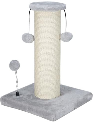 Dimaka Large Heavy Cat Scratching Post for Cats with 6 Wide Elevated Top Stand, Cat Tree Scratcher, 4.5 Dia. Big Sisal Rope Pole with 3 Teasing Balls, Extra Heavy Thick Stable Base (Grey)