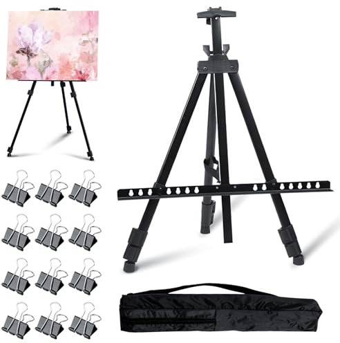 FANWINKJ Höhenverstellbare Aluminium Staffelei 55–145 cm mit 12 Clips & Tragetasche – Leichte klappbare Malstaffelei für Leinwand, Präsentation, Hochzeit, Werbung & Ausstellung