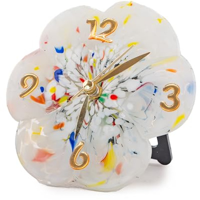 MurArt Orologio da Tavolo in Vetro di Murano realizzato a mano con una Forma di Fiore e misure 15x15 cm Made in Italy (1, Bianco)