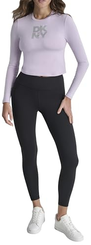 DKNY, kvinnors staplad texturerad STTRIPE logotyp långärmad te, orkidé/silver, S, Orkidé/silver, S