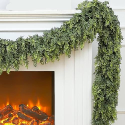 6ft Christmas Cedar Garland Real Touch Artificial Green Garlands Realistic Faux Cedar Pine Needles Garland for Xmas Home Fireplace Indoor Outdoor Holiday Party Decoration