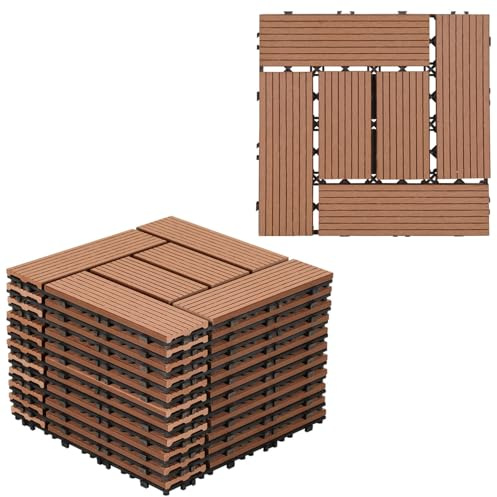Gimisgu WPC terrassplattor, 30 x 30 cm WPC-plattor, set om 11 för 1 m² balkongplattor, klickplattor med klicksystem, golvbeläggning för balkong terrass, väderbeständig med dränering, brun