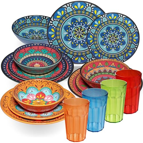 Melamin Geschirr Set Toskana Pastel für 4 Personen BUNT Camping Picknick