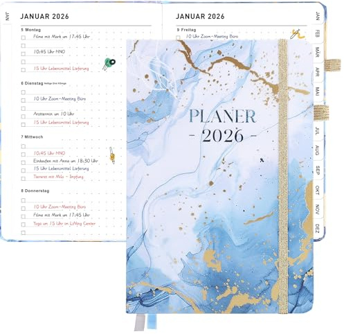 Kalender 2026 Planer 2026, Wochenplaner 2026 A5 Terminplaner 2026 Buchkalender 2026 Terminkalender mit Stifthalter Gummiband Schulplaner 2026 Terminplaner Kalender für Schule Büro (Marmor Muster)