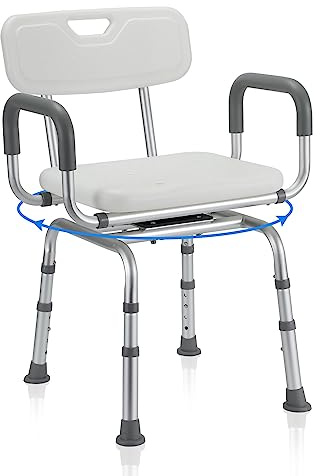 Monucep 360° vridbar duschstol för seniorer, duschpall med armstöd och ryggstöd för seniorer, badpall 100 kg duschstol 36–52 cm justerbar höjd, duschhjälp duschstol