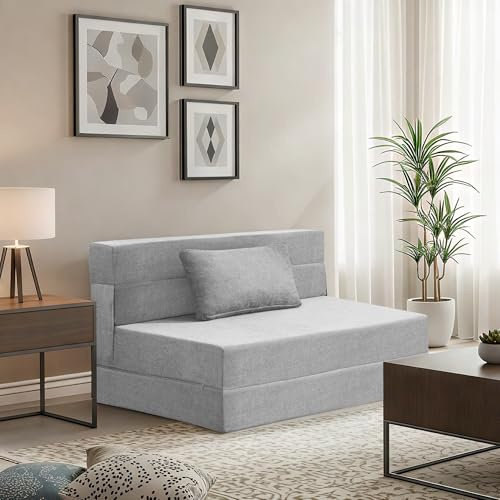UMBFUN Doppelte Schlafsofa 100 x 203 cm - Faltbare Schlafcouch Gästematratze für 2 - Schlaffunktion, Bettcouch für Wohnzimmer Schlafzimmer mit Memory Schaum & Kissen, Bodensessel Waschbar Set Hellgrau