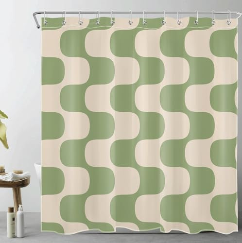 LB Modern Duschvorhang 180x200cm Grün gestreift auf Vintage Beige Antischimmel Wasserdicht Badezimmer Vorhänge,Abstrakte Kunst Extra Lange Polyester Stoff Bad Vorhang mit Haken
