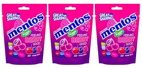 Mentos Berry, Assorted chewy dragees raspberry, blueberry and cherry flavour sweets 140g sharing bag, Pack of 3