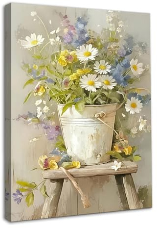 Dazzlewall Arte de Pared Seau Floral, Póster de Margaritas y Flores Silvestres en Cubo Metálico Rústico Estilo Fermier para Baño Sala 30×40 cm Enmarcado