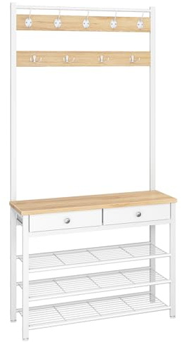 HOOBRO Coat and Shoe Rack, Coat Rack with Shoe Storage, Hall Tree with 2 Non-Woven Drawers, Coat and Shoe Storage for Hallway, Bedroom, Cloakroom, Natural and White EWN81MT01